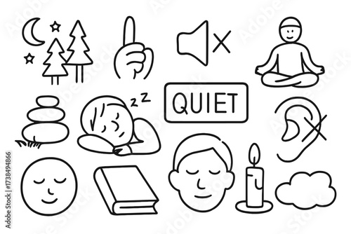 Serene Silence Icons. Hand-drawn doodle illustration Quiet nature and silence forest, moon, stars, finger on lips, mute speaker, meditation pose, zen stones,