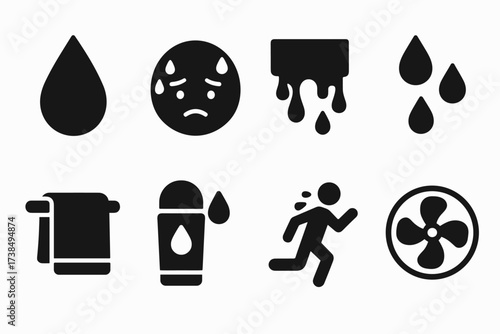 Sweat Icons Grid. Solid, filled icon set of sweat and perspiration: sweat drop, sweating face, dripping forehead, water droplets, towel, deodorant, running