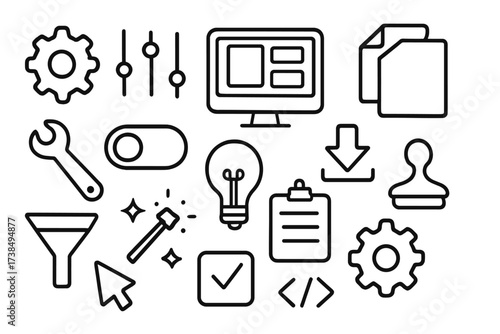 Hand-Drawn Software Icons. Hand-drawn doodle illustration software preset gear, sliders, computer screen, layers panel, wrench, toggle switch, light bulb,