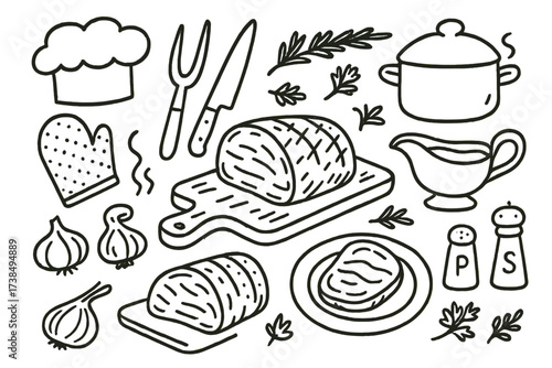 Roast Beef Essentials. Hand-drawn doodle illustration Roast beef roast beef slice, carving knife, fork, plate, gravy boat, herbs, pepper shaker, salt shaker,