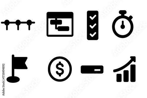 Project Management Icons. Solid, filled icon set of project performance: timeline, gantt chart, checklist, stopwatch, milestone, budget, progress bar, chart.