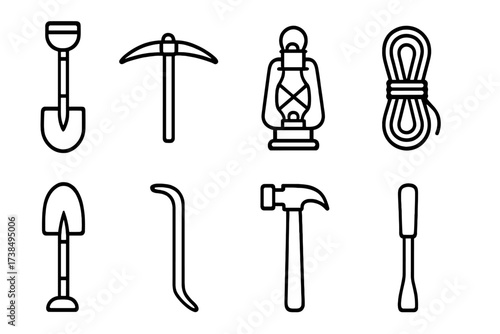 Crypt Tools Icons. Outline icon set of crypt tools: shovel, pickaxe, lantern, rope, shovel, crowbar, hammer, chisel. Line icons in only black color, consistent