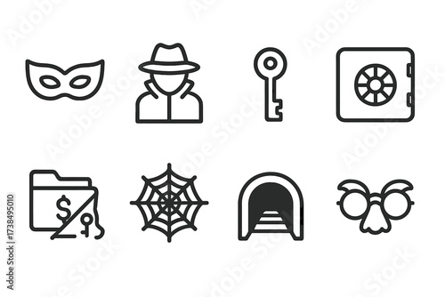 Dark Money Icons. Outline icon set of dark money concealment: mask, shadow figure, encryption key, safe, hidden files, dark web, tunnel, disguise glasses. Line