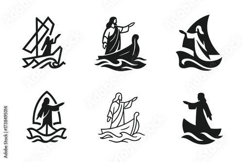 Calming the Storm Logos. Miracles of Jesus. Set Logo of Miracles of Jesus: Calming the storm. harmonious logo variations of the same emblematic concept, each