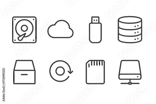 Data Storage Icons. Outline icon set of computer data storage: hard drive, cloud storage, USB flash, database server, file cabinet, backup disk, SD card,