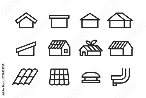 Roof Icon Set. Roofing. Line icon set of roofing: pitched roof, flat roof, gable roof, hip roof, shed roof, mansard roof, green roof, metal roof, clay tiles,