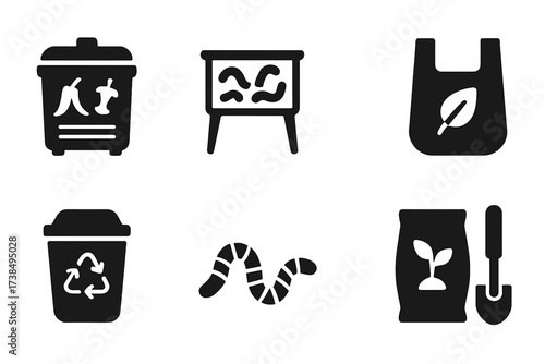 Organic Waste Icons. Solid, filled icon set of organic waste management: compost bin, worm composting, leaf pile, biodegradable bag, recycling bin, earthworm,