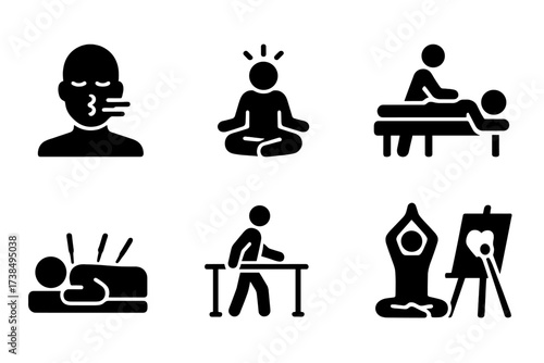 Therapy Icon Set. Solid, filled icon set of therapy activities: breathing exercise, guided meditation, counseling session, massage therapy, acupuncture