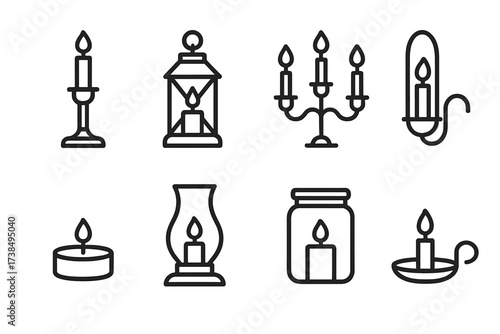 Candle Holder Icons. Outline icon set of candle holders: candlestick, lantern, candelabra, wall sconce, tealight holder, hurricane lamp, glass jar, metal tray.