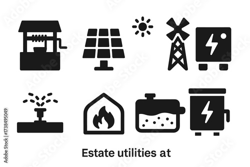Estate Utilities Icons. Solid, filled icon set of estate utilities: water well, solar panel, windmill, generator, irrigation system, greenhouse heater, septic