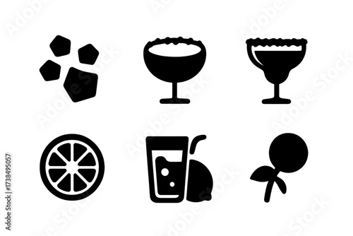 Salt Rim Icon Set. Solid, filled icon set of salt rim flavor and texture: coarse crystals, salty taste, crunchy rim, citrus zest, smooth glass, refreshing