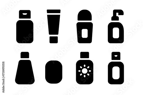 Travel Toiletries Icons. Solid, filled icon set of travel size toiletries: mini shampoo, travel toothpaste, small deodorant, compact lotion, tiny mouthwash,
