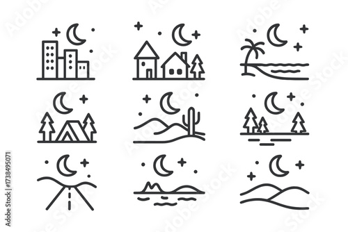 Moonlit Night Icons. Outline icon set of nighttime scenes: city skyline with moon, village under moonlight, moonlit beach, camping under moon, moonlight