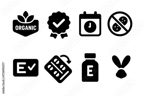Vitamin E Safety Icons. Solid, filled icon set of vitamin E safety and quality: organic label, quality check, expiration date, allergen warning, FDA approval,