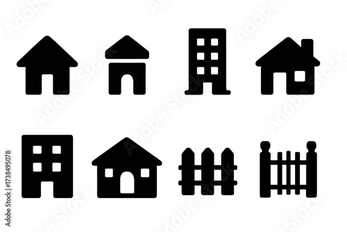 Monopoly Building Icons. Solid, filled icon set of monopoly buildings: house, hotel, skyscraper, cottage, apartment, villa, fence, gate. Solid, filled icons in