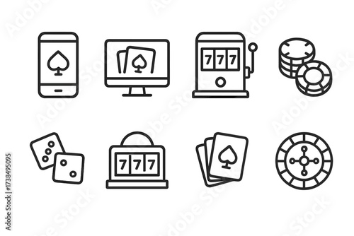 Internet Gambling Icons. Outline icon set of internet gambling: smartphone, computer screen, slot machine, poker chips, dice, jackpot, playing cards, roulette