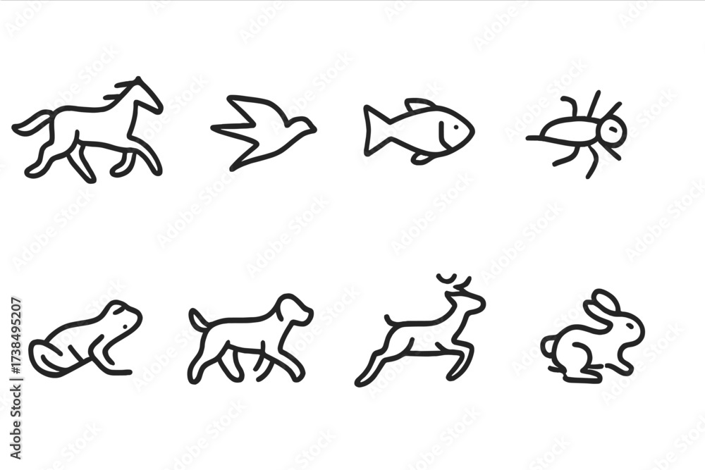 Obraz premium Animal and Transport Icons. Outline icon set of animal movement: running horse, flying bird, swimming fish, crawling insect, jumping frog, walking dog,