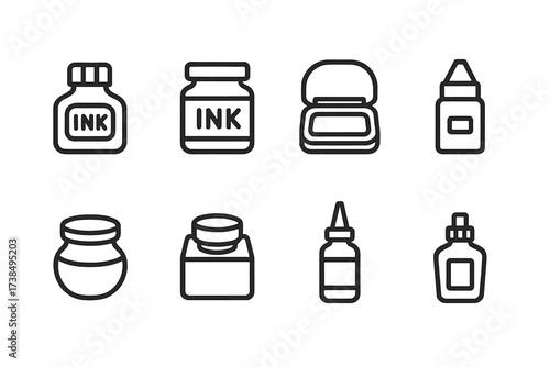 Ink and Alarm Icons. Outline icon set of ink containers: ink bottle, ink jar, ink pad, ink cartridge, ink pot, ink well, ink refill, ink container. Line icons