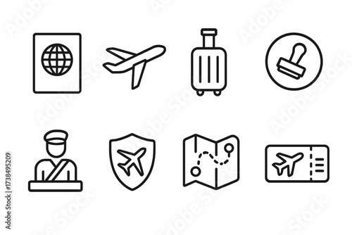 Travel Icons Collection. Outline icon set of cross-border travel: passport, airplane, luggage, visa stamp, border control, travel insurance, map with route,