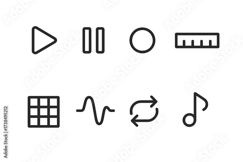 Sequencer Icon Set. Outline icon set of sequencer components: play button, pause button, record button, timeline, step grid, wave form, loop symbol, tempo