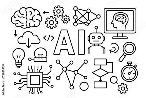 AI Workflow Doodle. Hand-drawn doodle illustration Artificial intelligence workflow brain, robot, gears, neural network, computer screen, data flow, cloud,