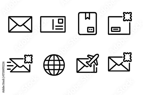 Stamp Usage Icons. Outline icon set of stamp usage: letter, postcard, parcel, registered mail, express mail, international mail, airmail, return receipt. Line