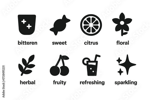 Spritz Flavor Icon Grid. Solid, filled icon set of spritz flavor profiles: bitter, sweet, citrus, floral, herbal, fruity, refreshing, sparkling. Solid, filled