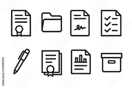 Legal Document Icons. Outline icon set of chamber documents: legal paper, folder, contract, checklist, pen, certificate, report, archive box. Line icons in