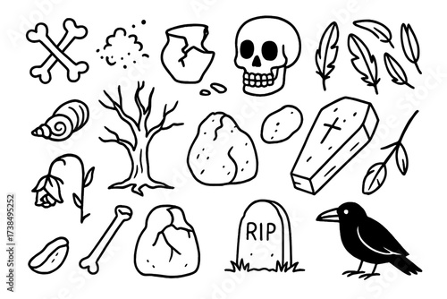 Remains Doodle Illustration. Remains. Hand-drawn doodle illustration bones, skull, broken pottery, ashes, feathers, empty shell, dead tree, cracked stone,
