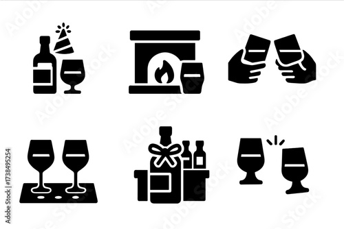 Whiskey Icons Grid. Solid, filled icon set of whiskey occasions: celebration, cozy fire, whiskey toast, bar scene, tasting event, gift bottle, night out,