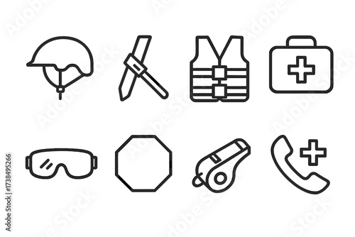 Son's Safety Icons. Outline icon set of son?s safety: helmet, seatbelt, life jacket, first aid kit, safety goggles, stop sign, whistle, emergency phone. Line