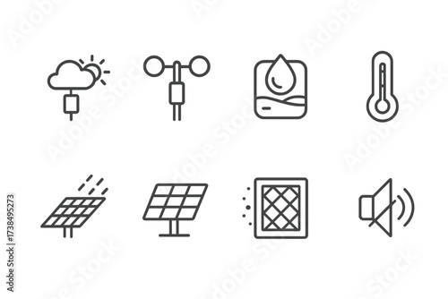 Environmental Sensor Icons. Outline icon set of radar environmental sensors: weather sensor, wind speed, humidity sensor, temperature gauge, rain detector,