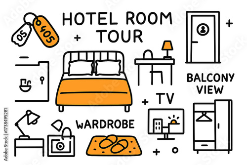 Hotel Room Highlights. Hotel Room Tour. Hand-drawn doodle illustration Hotel Room Tour room key (accented), comfy bed (accented), bathroom door, minibar, desk