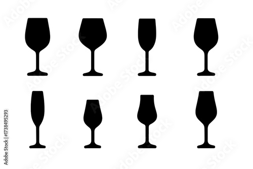Wine Glass Icons. Solid, filled icon set of wine glass types by region: Bordeaux glass, Burgundy glass, Champagne flute, Chianti glass, Riesling glass, Sherry