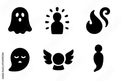 Spirits Icon Set. Solid, filled icon set of spirit: ghost, aura, flame, smoke swirl, ethereal face, spirit wings, mystical orb, shadow figure. [Line icons in