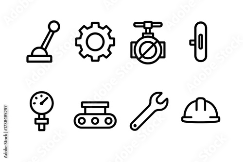 Machinery Control Icons. Outline icon set of control in machinery: lever, gear, valve, switch, pressure gauge, conveyor belt, wrench, safety helmet. Line icons