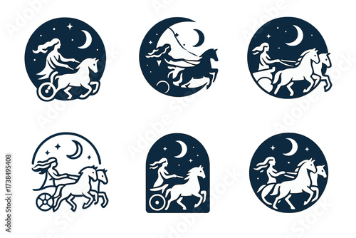 Selene's Chariot Logos. Selene?s Chariot. Set Logo of Selene: Night sky with crescent moon and chariot. harmonious logo variations of the same emblematic
