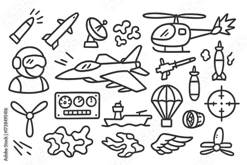 Military Aviation Icons. Hand-drawn doodle illustration Fighter jets and military aviation fighter jet, missile, pilot helmet, radar dish, helicopter, bomb,