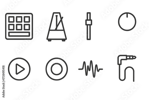 Electronic Drum Icons. Outline icon set of beat sequencing: drum pad, metronome, slider, knob, play button, record button, waveform, headphone jack. Line icons