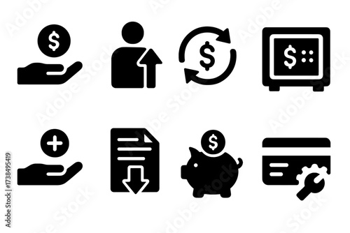 Zero Balance Icons. Solid, filled icon set of zero balance recovery: deposit, income, transfer, loan, financial aid, budget adjustment, savings, credit repair.