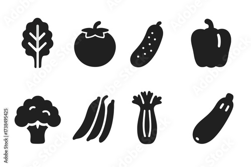Vegetables Icon Set. Solid, filled icon set of vegetables: kale, tomato, cucumber, bell pepper, cauliflower, green beans, celery, zucchini. [Line icons in only