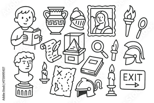 Museum Doodle Icons. Hand-drawn doodle illustration Museum artifacts and visitors visitor with guidebook, ancient vase, knight helmet, painting, scroll,