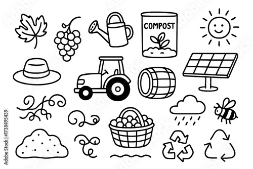 Sustainable Vineyard Doodles. Hand-drawn doodle illustration Sustainable vineyard practices vine leaves, grape cluster, watering can, compost bin, solar panel,