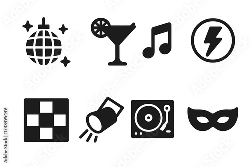 Nightlife Icon Collection. Solid, filled icon set of nightlife energy: disco ball, cocktail glass, music note, neon light, dance floor, spotlight, DJ