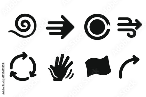 Airy Motion Icons. Solid, filled icon set of airy motion: spiral gust, motion arrow, kinetic circle, wind tunnel, rotation symbol, fanning hand, fluttering