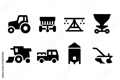Mung Bean Farm Icons. Solid, filled icon set of mung bean farm machinery: tractor, seed drill, irrigation system, fertilizer spreader, combine harvester, farm