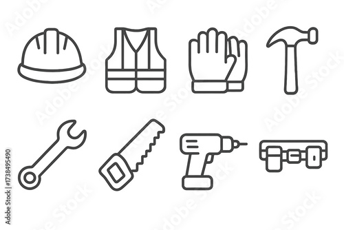 Construction Gear Icons. Outline icon set of construction gear: hard hat, safety vest, work gloves, hammer, wrench, saw, drill, tool belt. Line icons in only