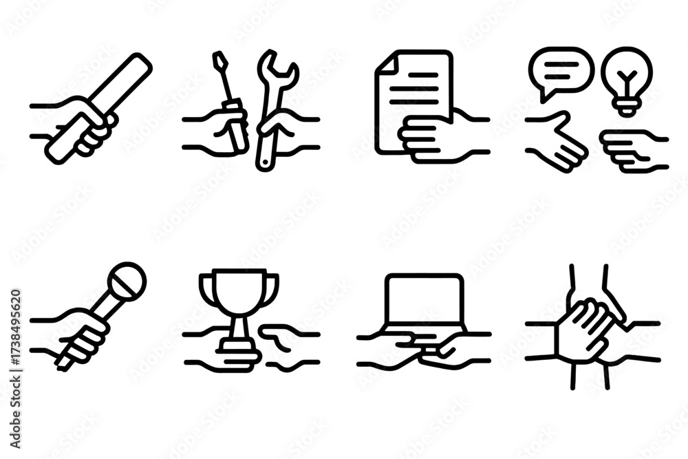 Fototapeta premium Line Icon Collection. Outline icon set of mobile app productivity: task list, note pad, timer, project folder, cloud sync, notification reminder, calendar