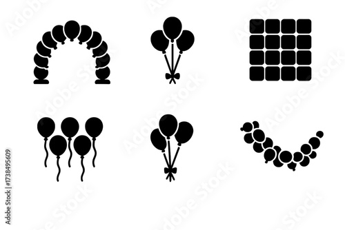 Balloon Icon Set. Solid, filled icon set of balloon arrangements: balloon arch, balloon column, balloon bouquet, balloon wall, ceiling balloons, balloon
