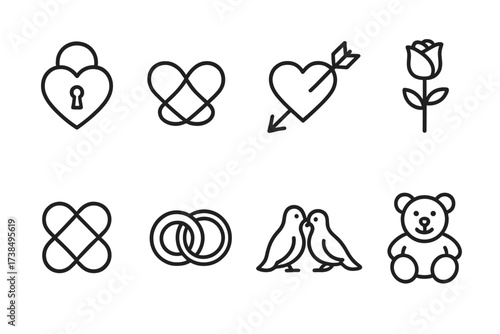 Affection and Warmth Icons. Outline icon set of affectionate symbols: heart lock, infinity heart, cupid?s arrow, rose, love knot, intertwined rings, doves,
